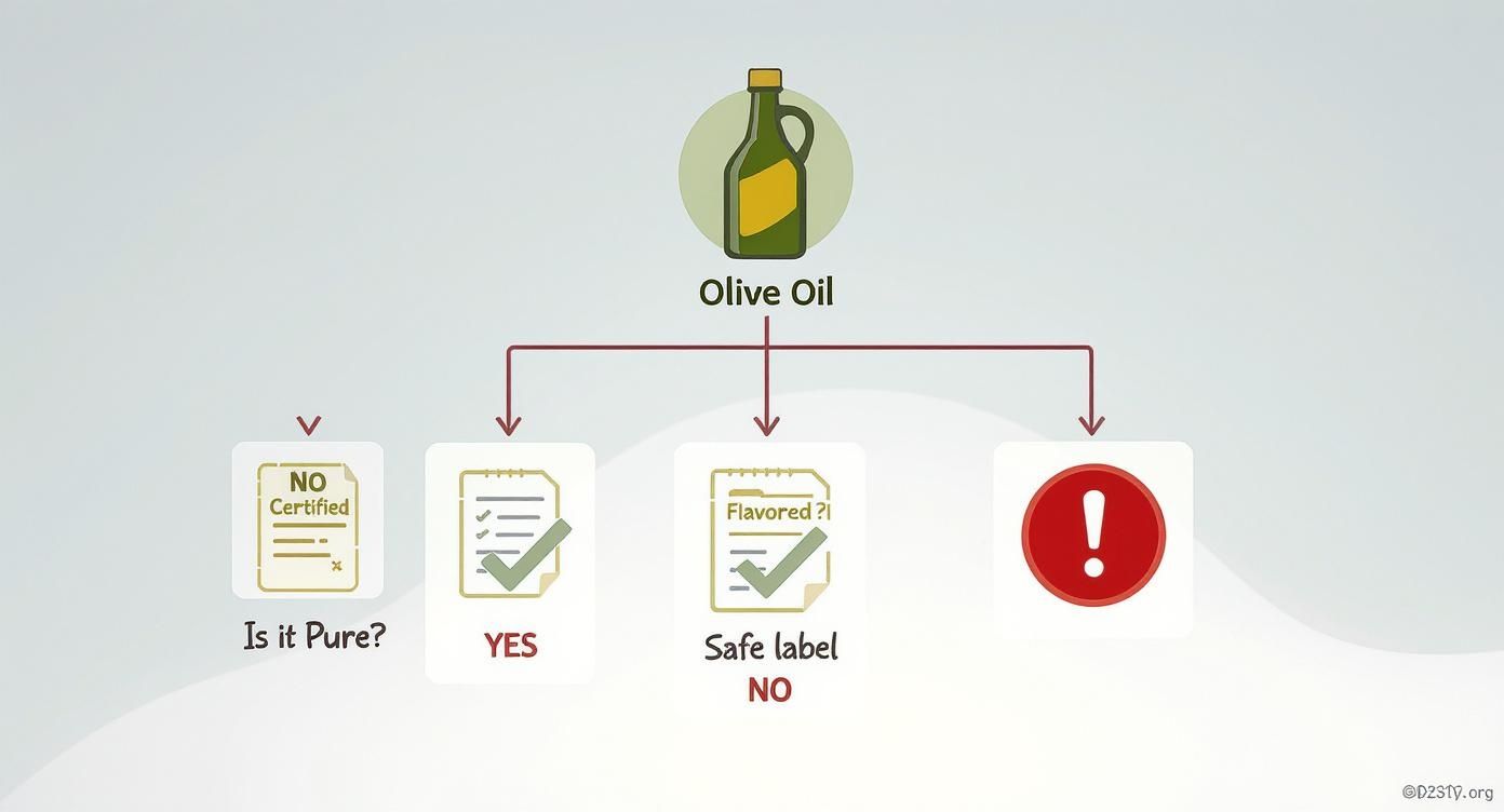 An infographic decision tree showing how to choose a safe gluten-free olive oil.