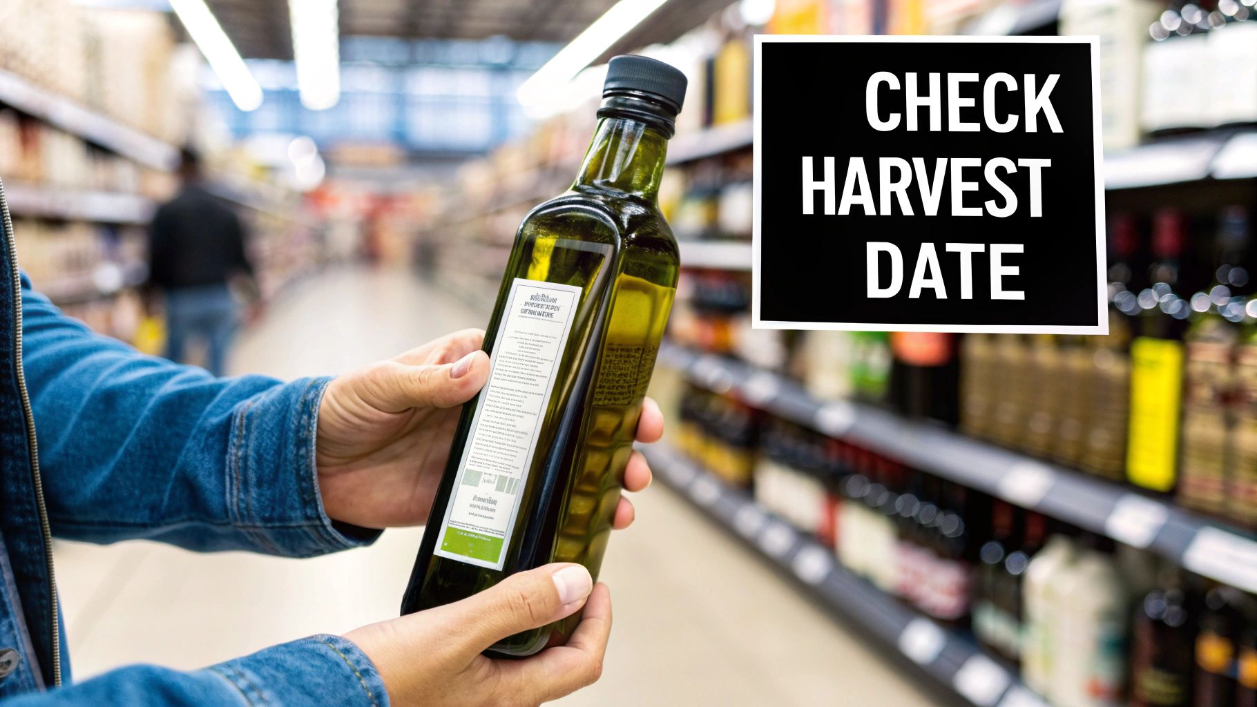 Person examining an olive oil label in a store