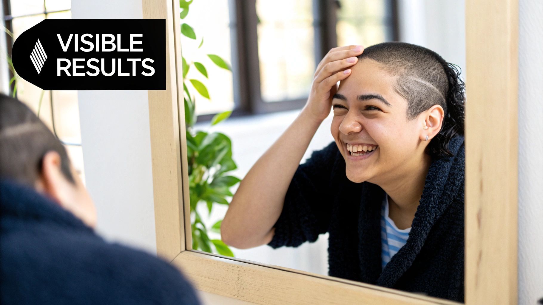 A close-up shot of a man's scalp showing improved hair density and thickness.