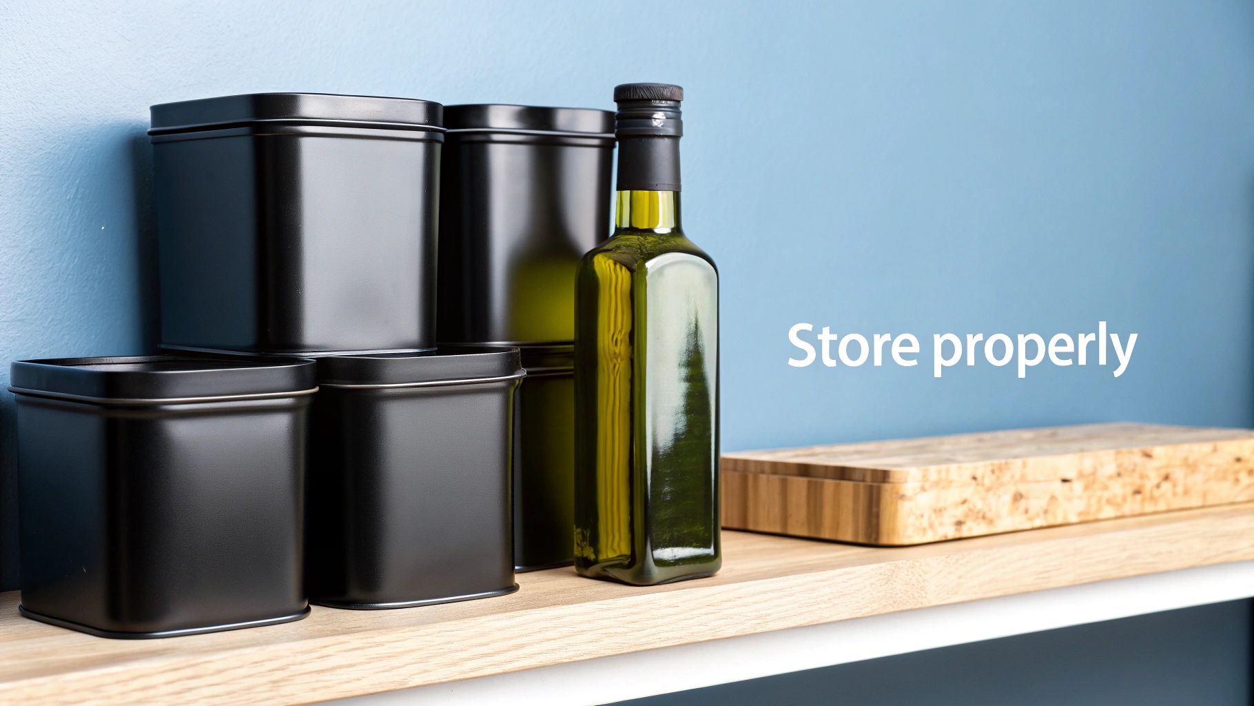 Black storage tins and a green olive oil bottle on a wooden shelf against a blue wall.