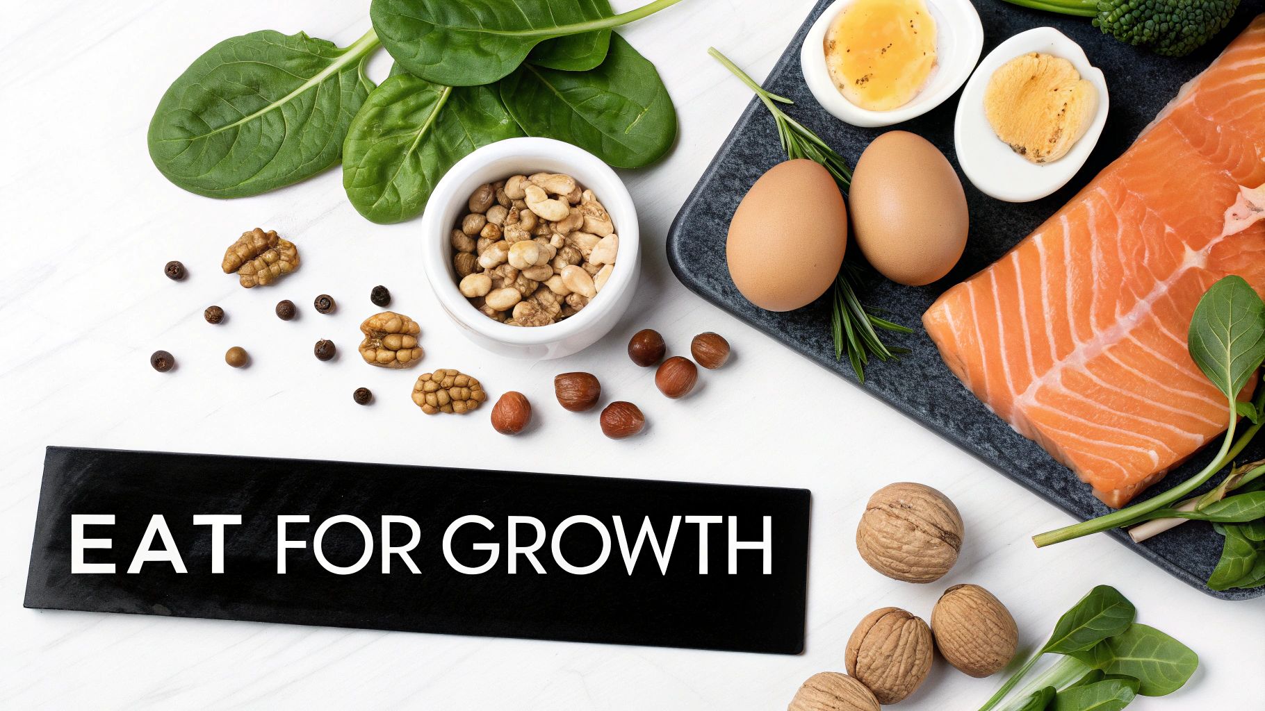 Nutritious protein-rich foods including salmon, eggs, nuts, and leafy greens for healthy hair growth