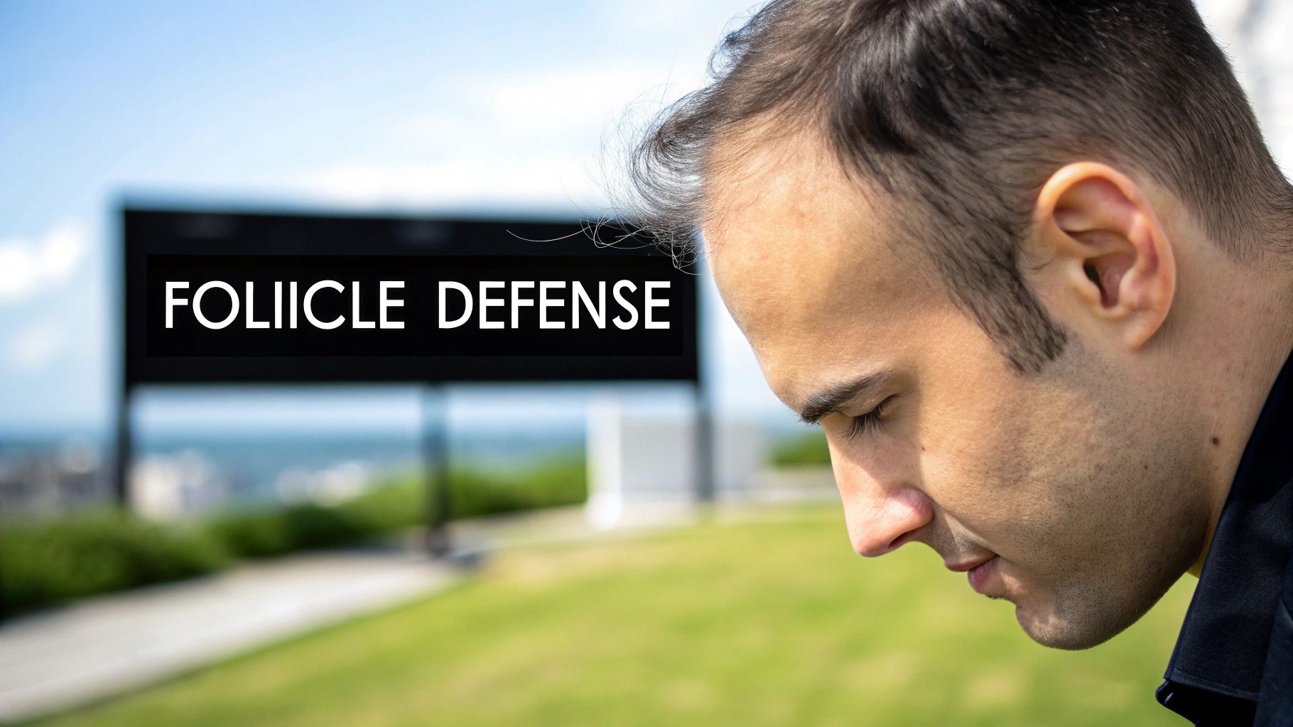 Close-up of a man's profile looking down, with a blurry sign saying 'FOLIIICLE DEFENSE' in the background.
