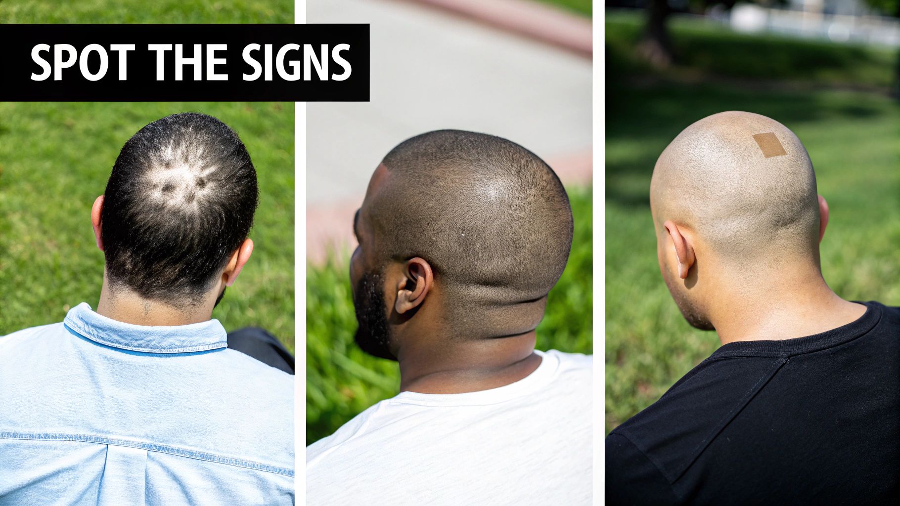 Three men's scalps showing different conditions, including patchy hair loss and a skin patch.