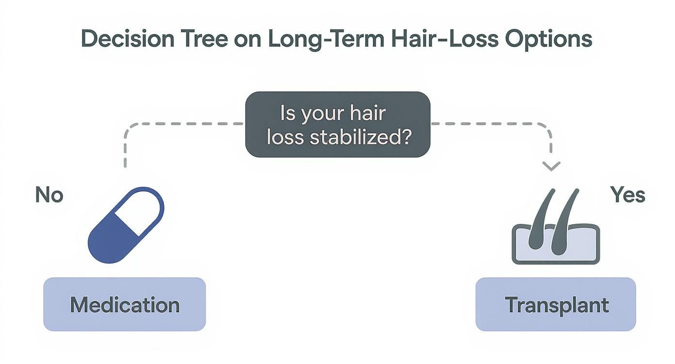 Decision tree flowchart showing treatment options for stabilized and ongoing hair loss with medication or transplant paths
