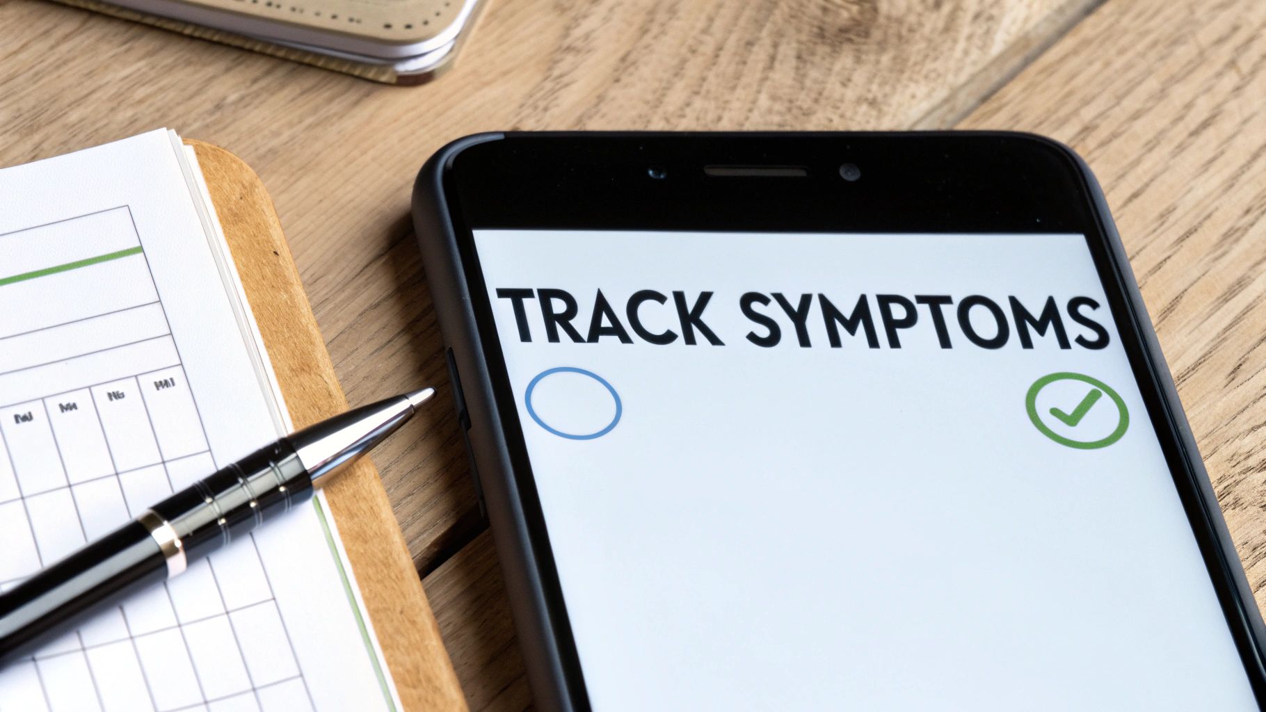 Smartphone displaying track symptoms app interface with checkmark next to calendar and pen