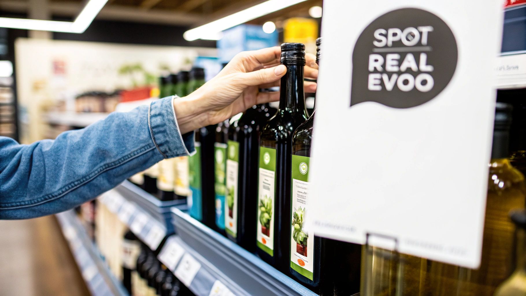 A person's hand reaches for a bottle of extra virgin olive oil on a supermarket shelf.