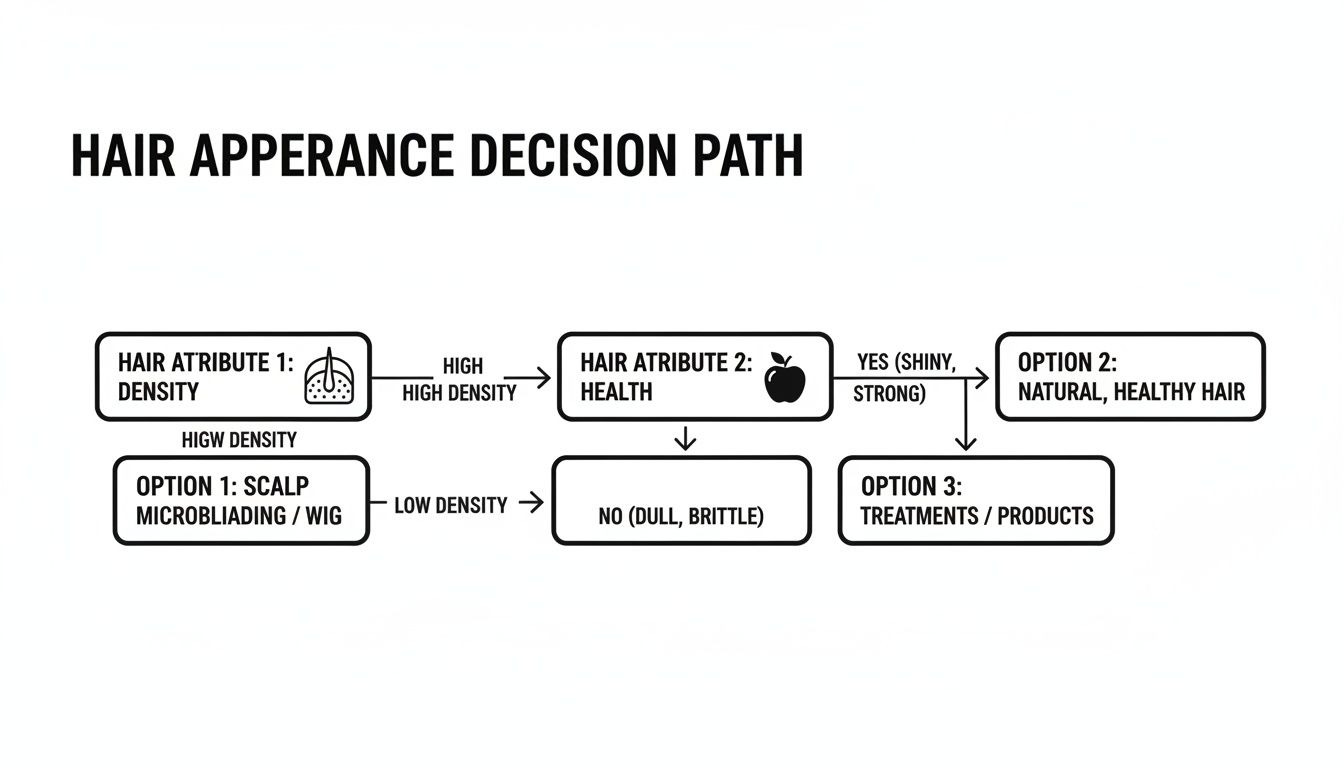 Flowchart illustrating a hair appearance decision path based on density and health, guiding treatment choices.