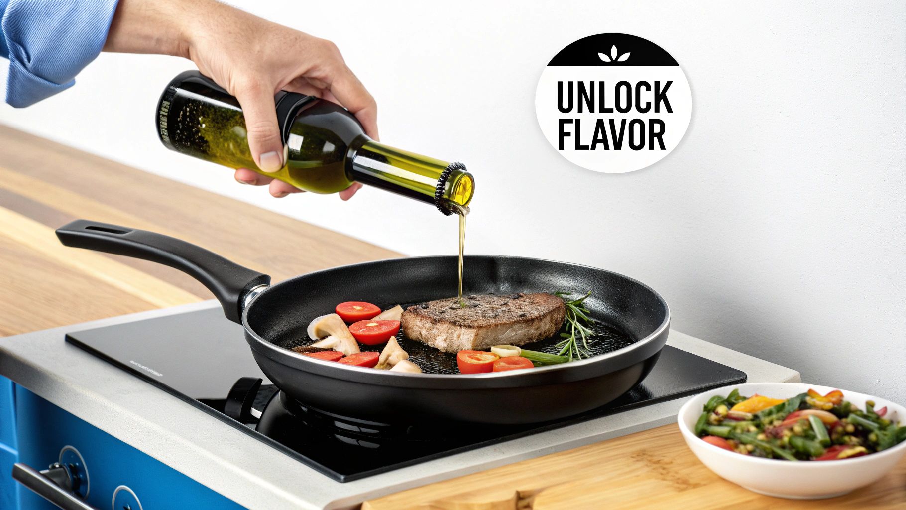A hand pours olive oil from a green bottle onto a steak and vegetables in a frying pan.