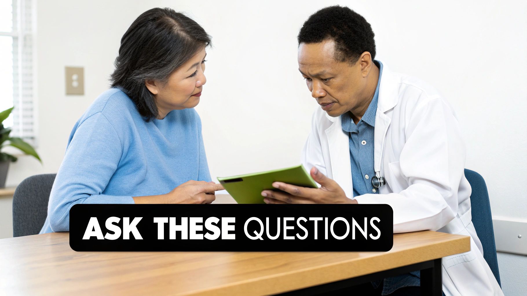 A doctor shows a tablet to a patient in a clinic, with 'ASK THESE QUESTIONS' displayed.