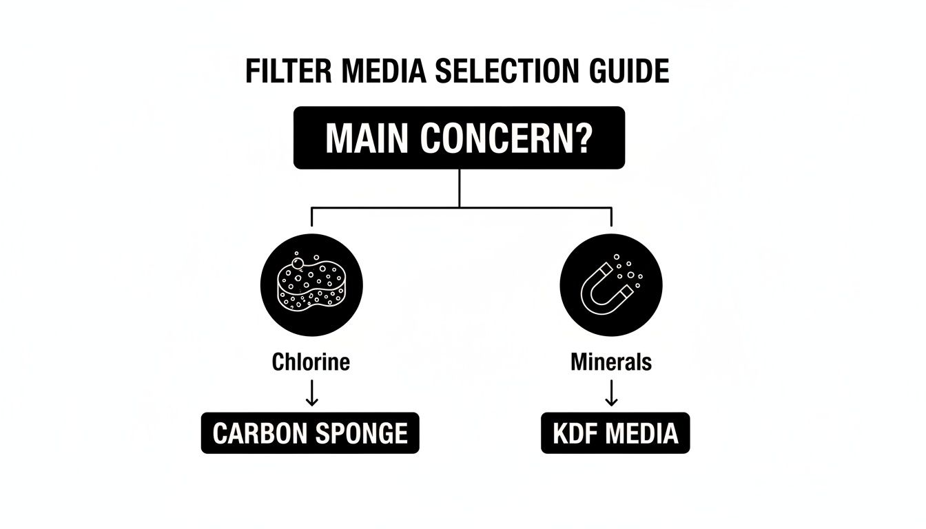 A filter media selection guide flowchart showing choices based on main concern: Chlorine or Minerals.