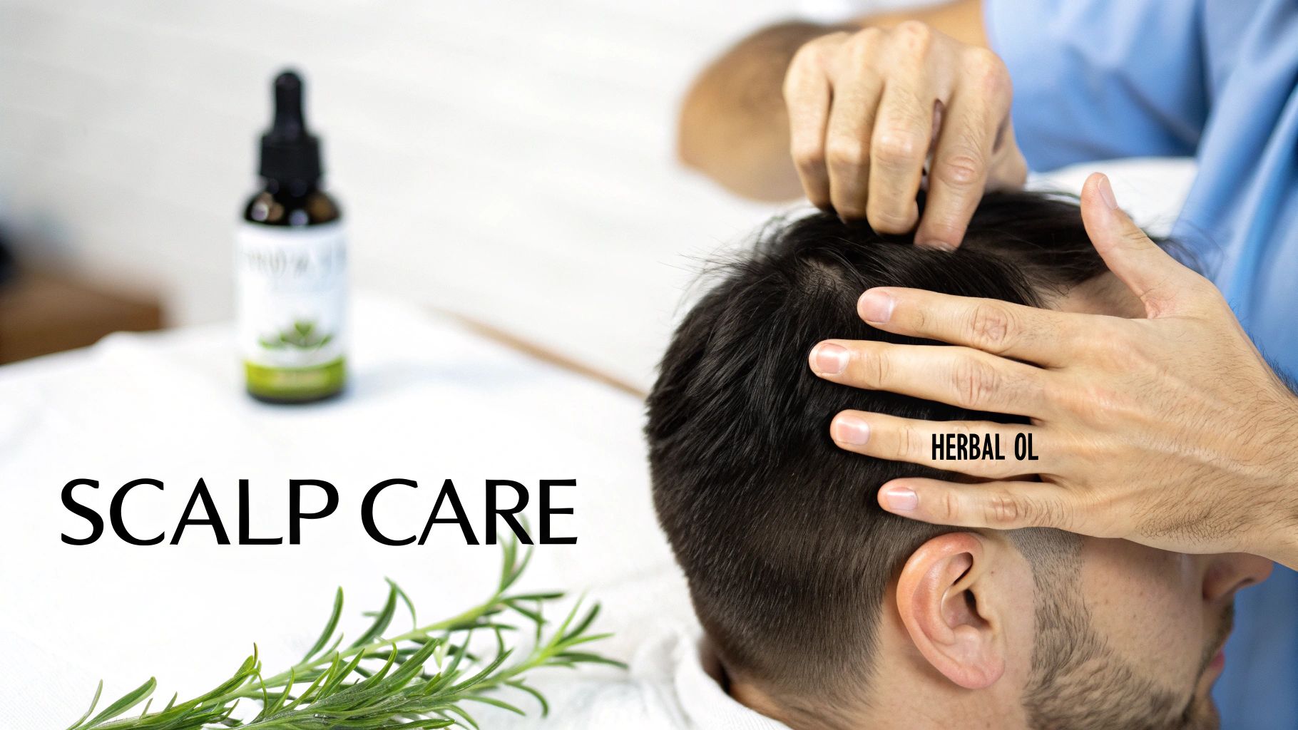 A man receives a scalp massage with hands, featuring a herbal oil bottle and fresh rosemary for scalp care.
