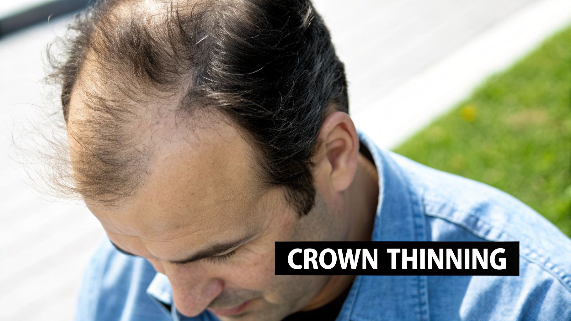 Overhead view of a man experiencing crown thinning, highlighting hair loss on top of his head.