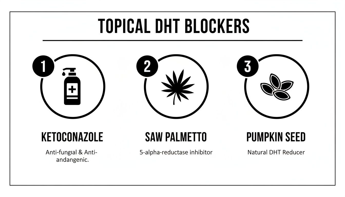 Infographic showing three topical DHT blockers: Ketoconazole, Saw Palmetto, and Pumpkin Seed.
