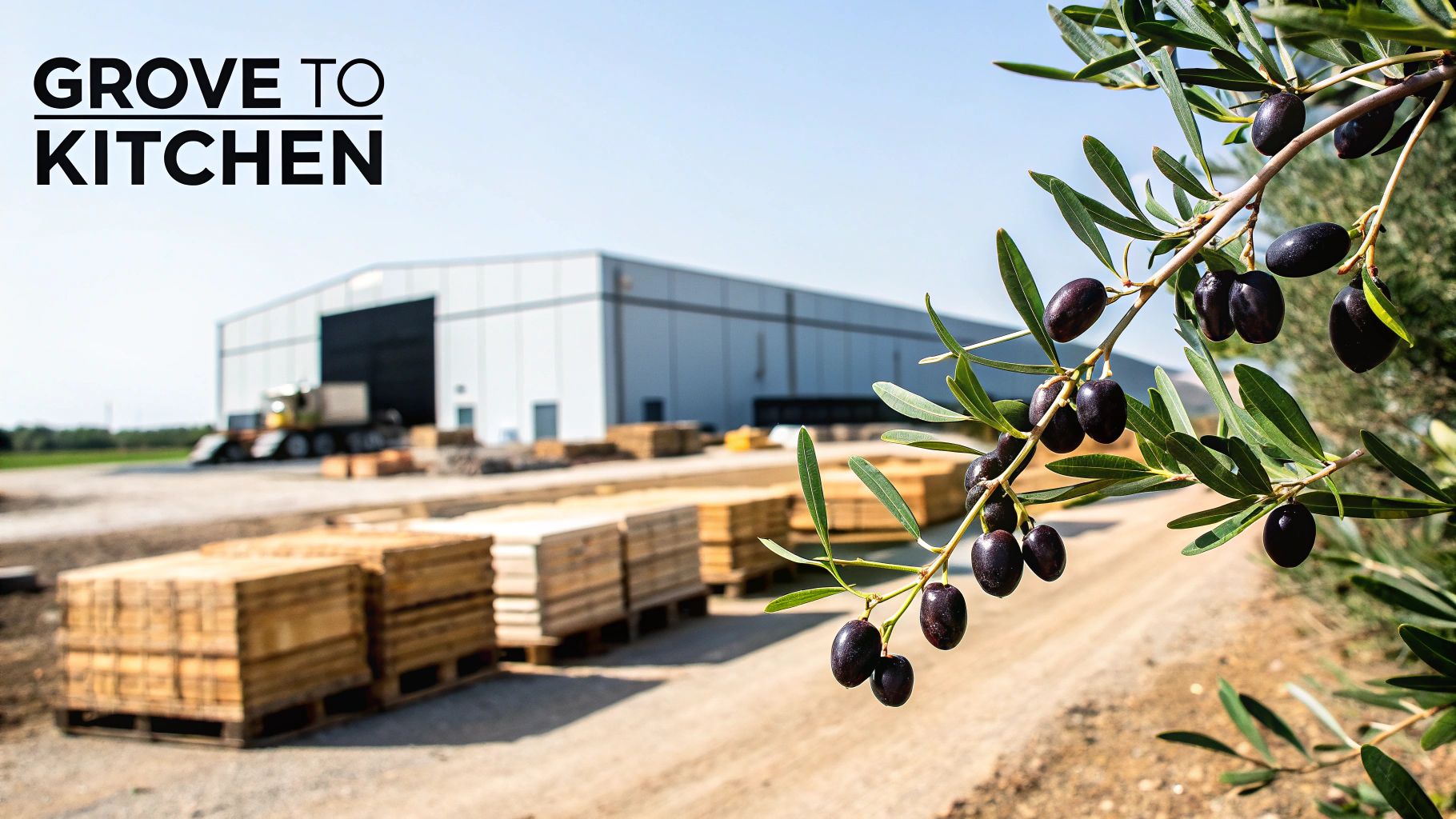 A branch of an olive tree with ripe olives, an olive oil processing plant, and stacked crates.