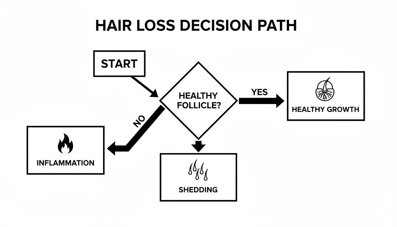 Flowchart showing hair loss decision path: healthy follicles lead to growth, unhealthy to inflammation or shedding.