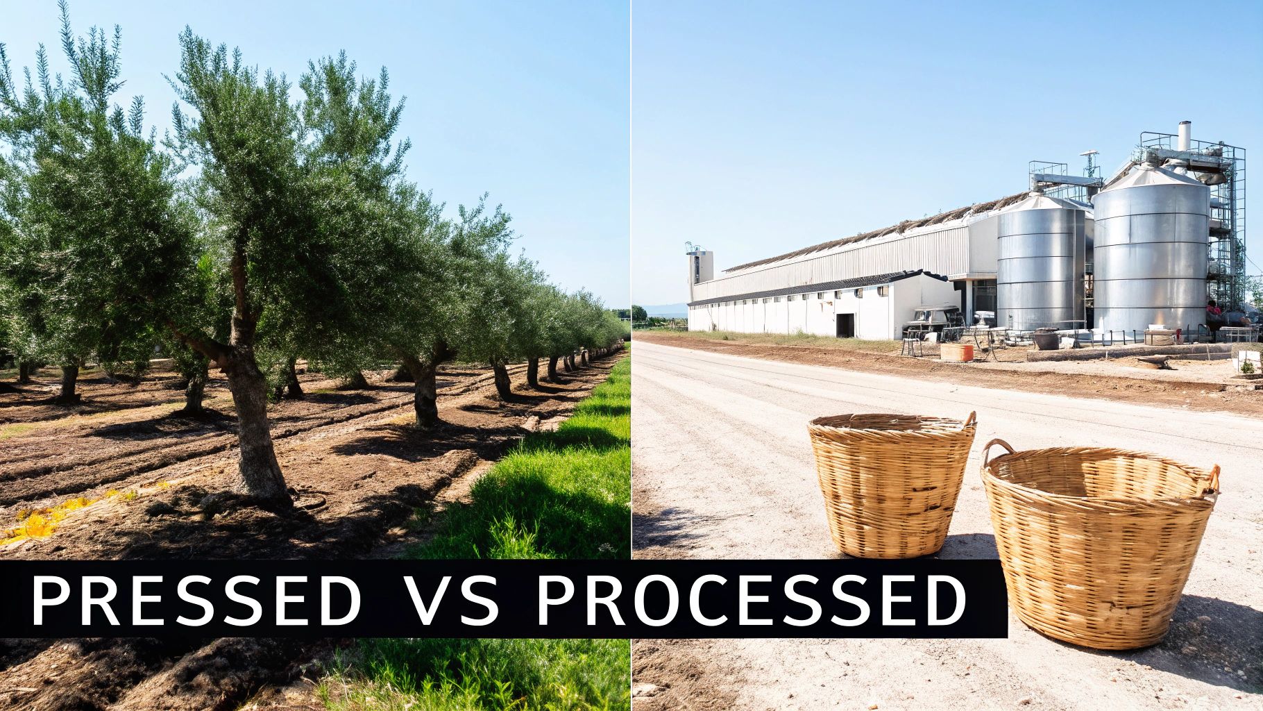 Side-by-side view of an olive tree grove ready for harvest and an olive oil processing facility with silos and baskets.