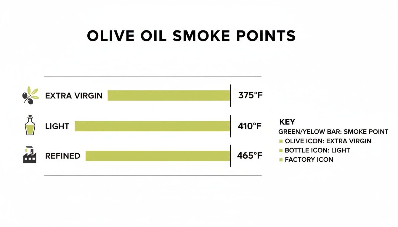 Bar chart showing olive oil smoke points for Extra Virgin (375°F), Light (410°F), and Refined (465°F).