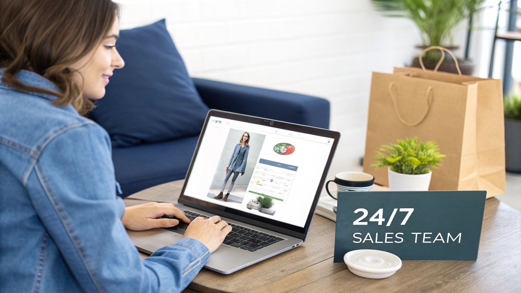 A smiling woman shops online on a laptop, displaying clothing and a '24/7 SALES TEAM' sign.