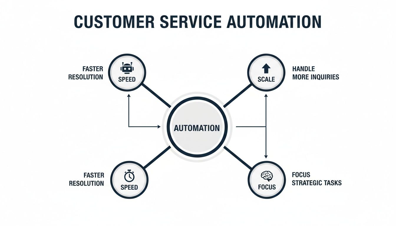 A diagram illustrating the key benefits of customer service automation: speed, scale, and focus.