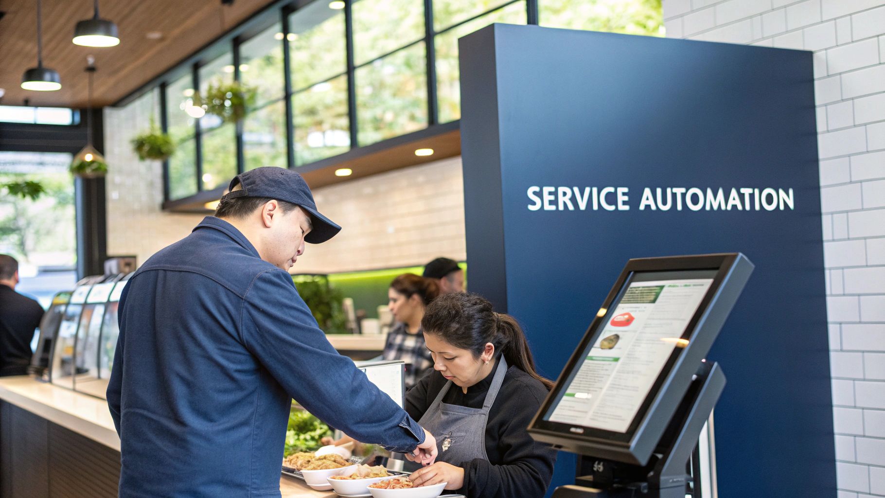 Customer at food counter served by employee, next to a 'SERVICE AUTOMATION' display and kiosk.
