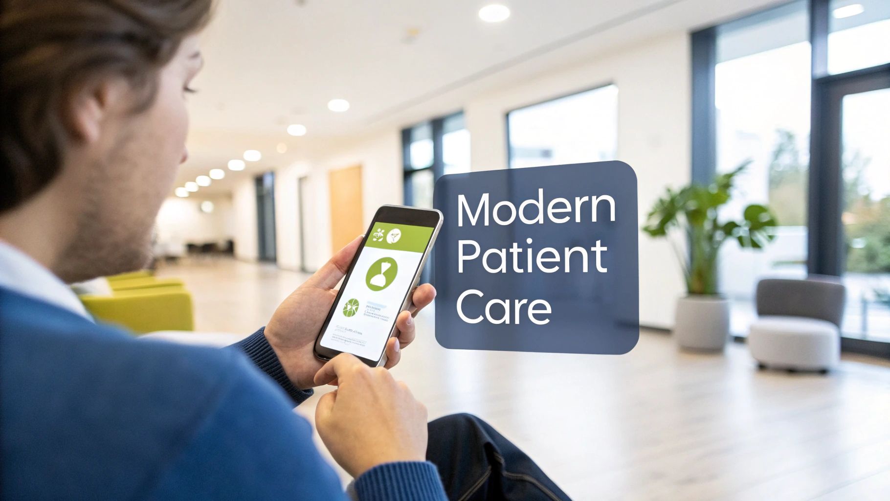 A person holds a smartphone displaying a healthcare app, with text "Modern Patient Care" overlaid.