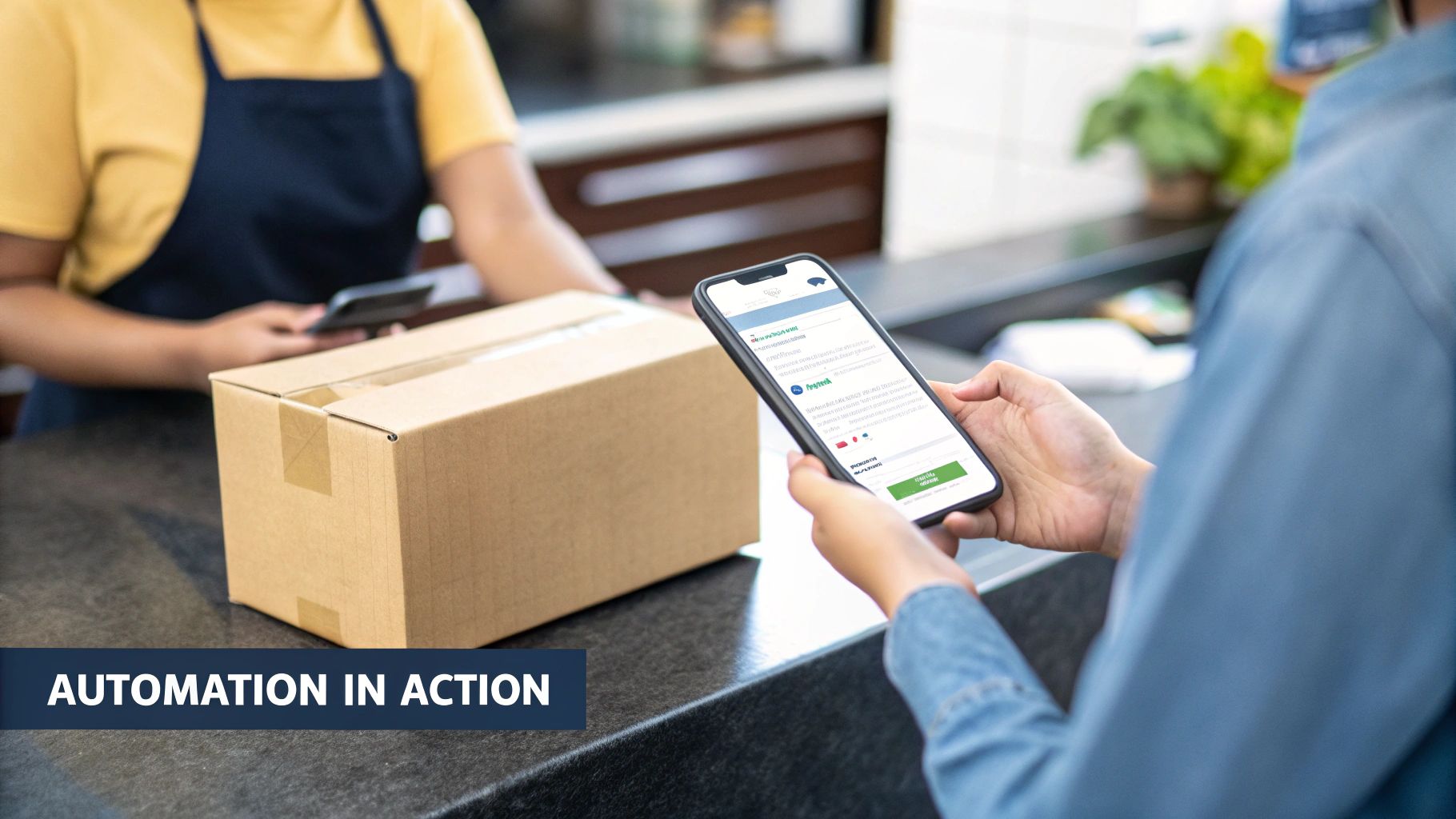 Customer using a mobile app to complete a transaction with a staff member at a counter.