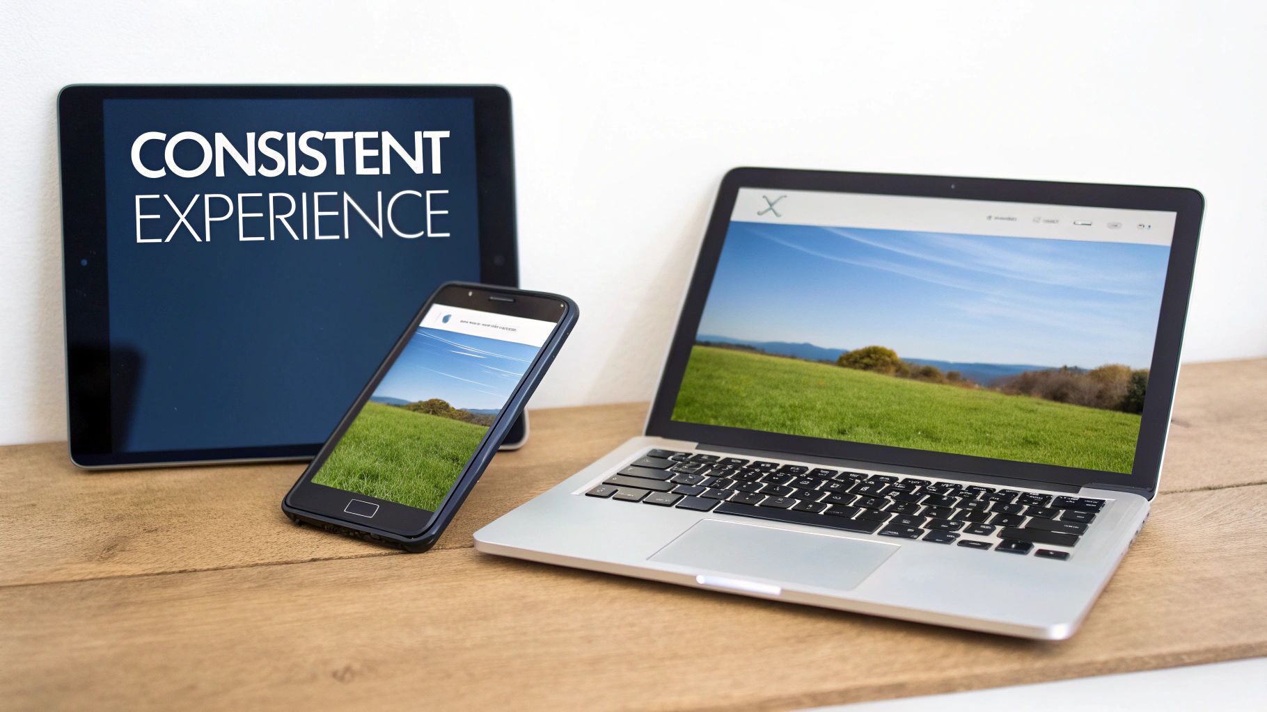 A tablet, smartphone, and laptop showcasing a consistent digital experience across multiple devices.