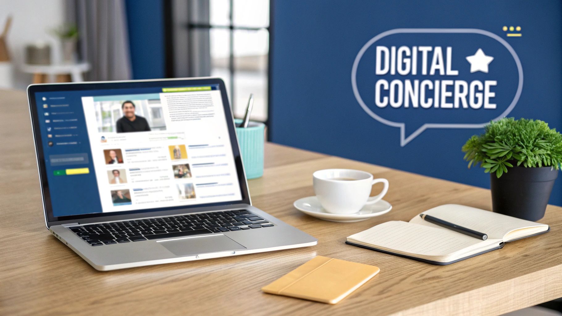 A laptop displaying a digital concierge platform, with a coffee cup and notebook on a wooden desk.