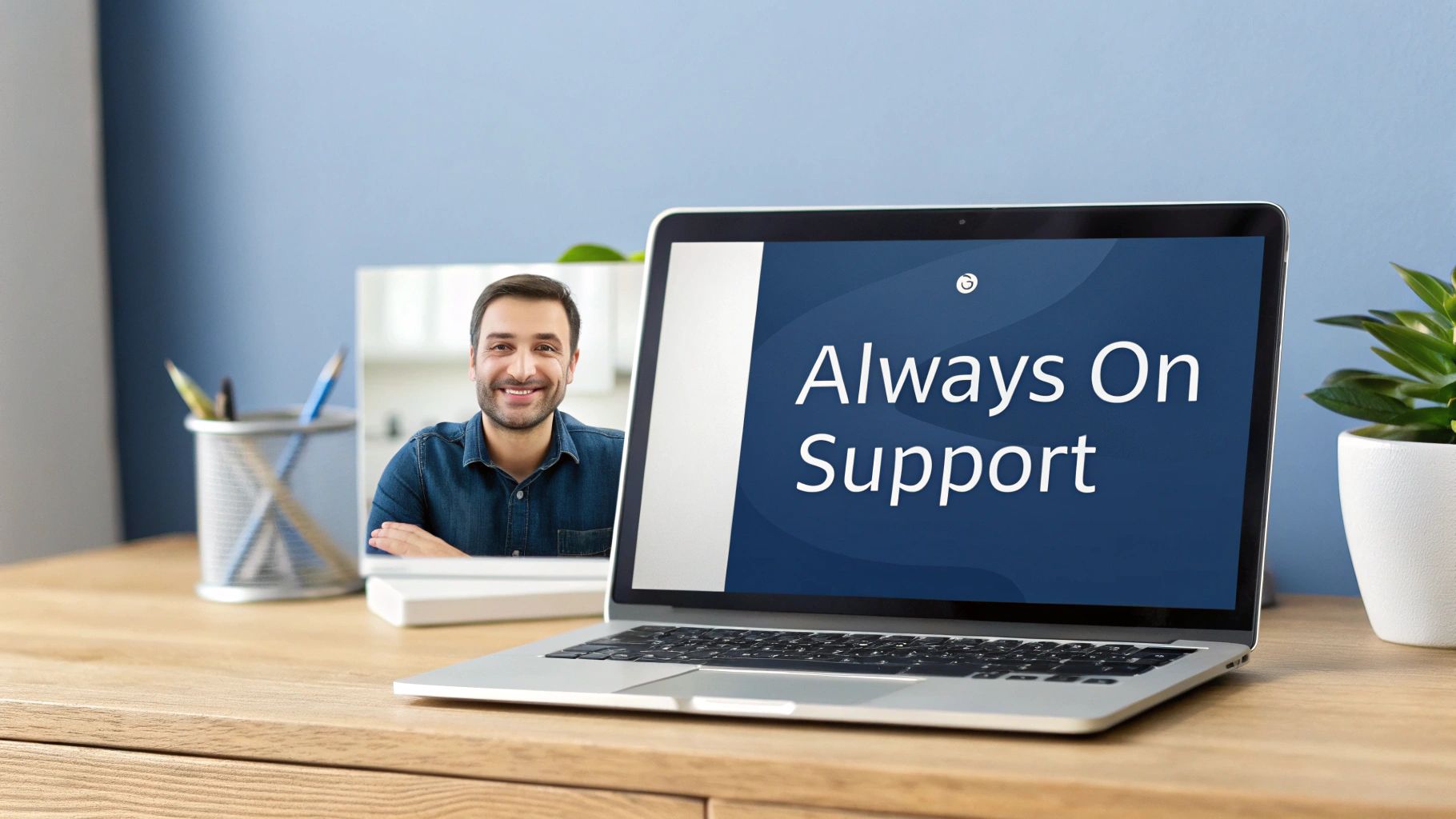 Laptop displaying always on support message with customer service representative on video call