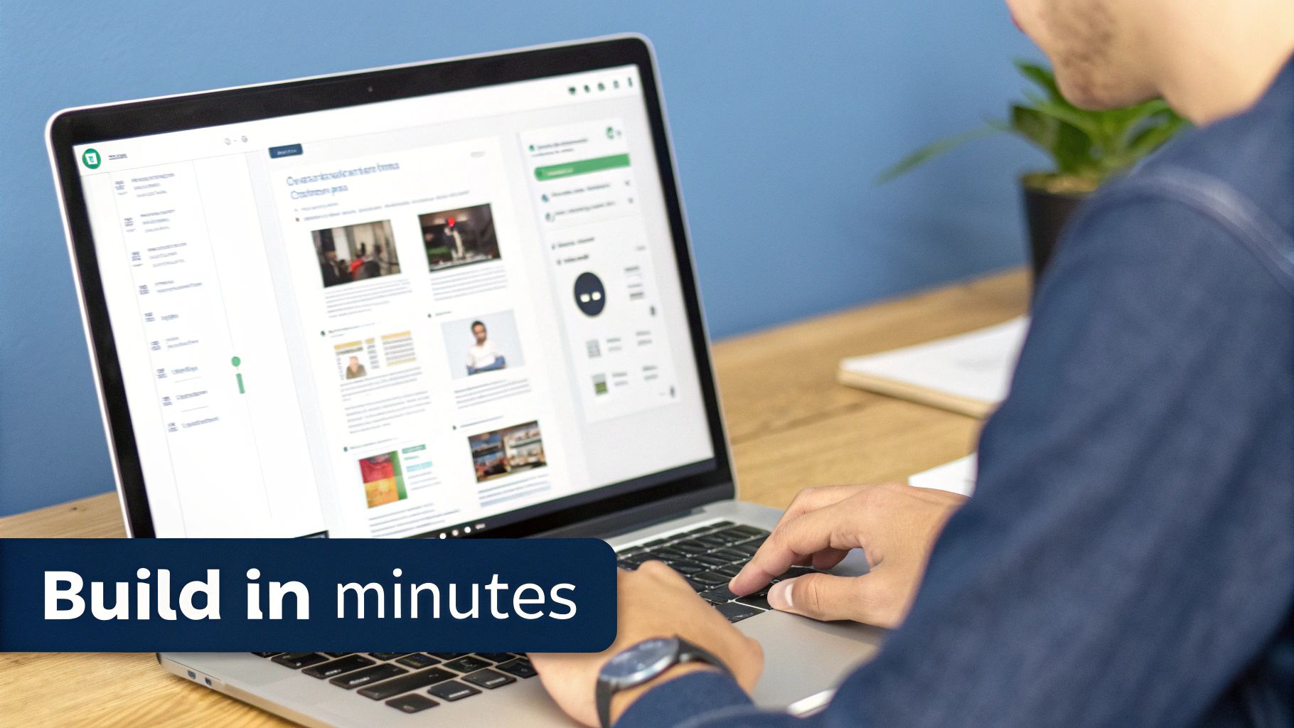 A person works on a laptop showing a web interface with content and a sidebar, emphasizing quick building.