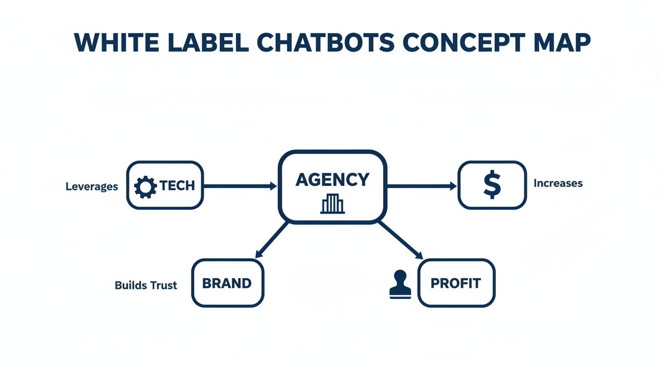 Concept map illustrating how an agency leverages tech to increase money, build trust, and generate profit.