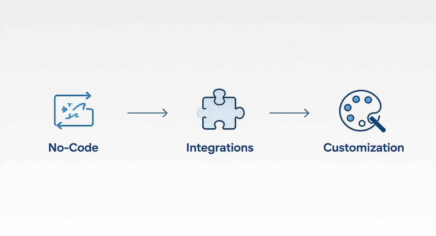 Three-step workflow diagram showing no-code platform leading to integrations and customization features