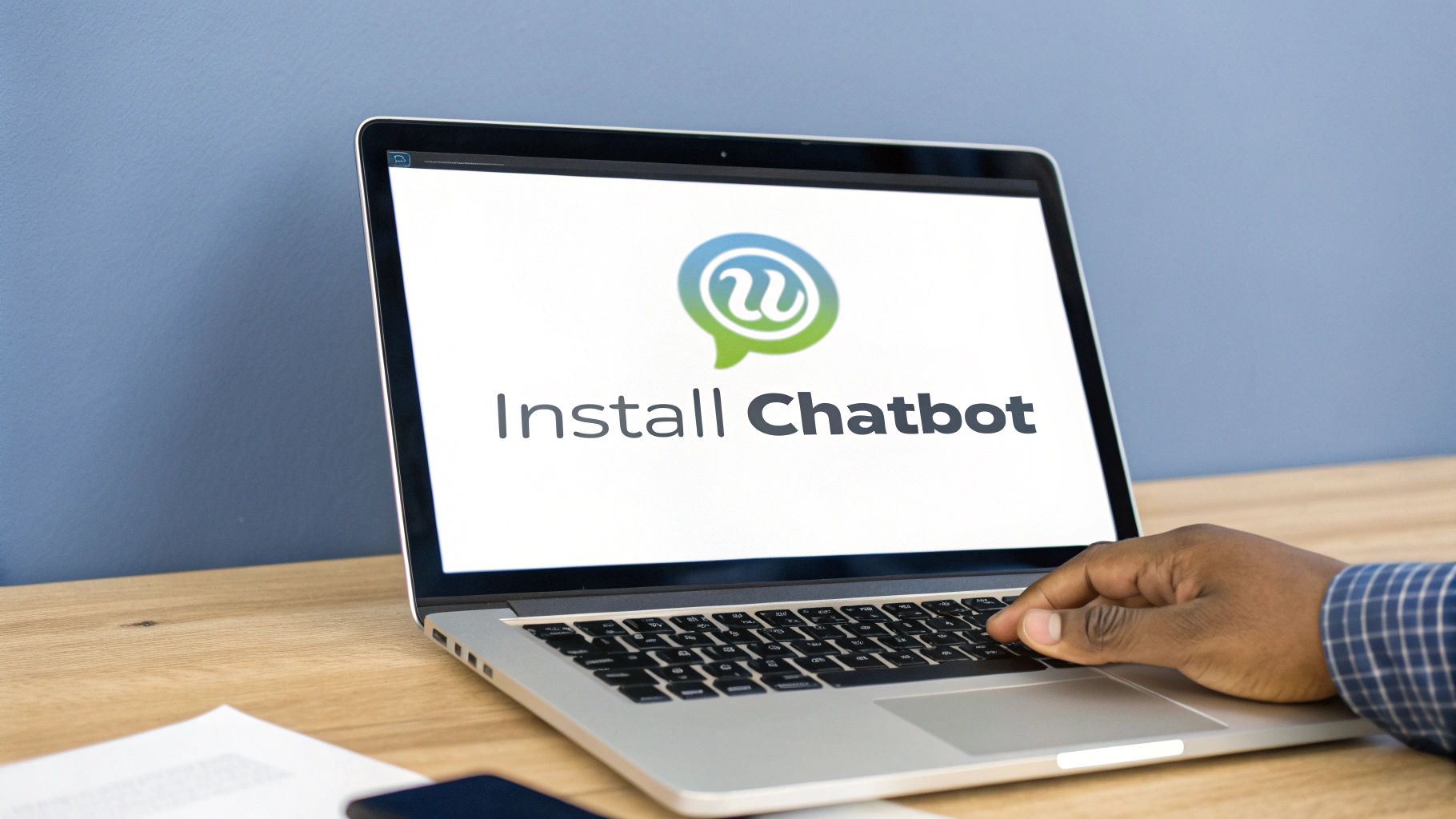 A person types on a laptop screen displaying a chat bubble logo and "Install Chatbot".
