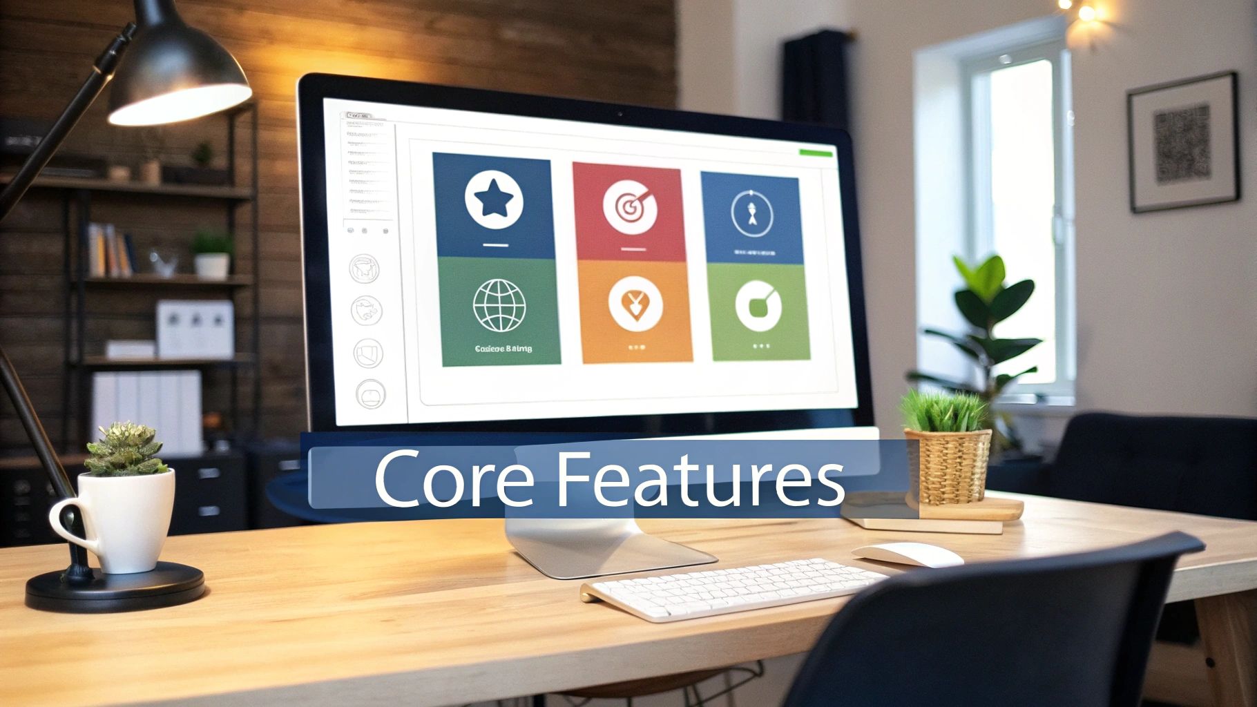 A dashboard interface showing various features of customer service automation software, like chatbots, ticketing, and analytics.