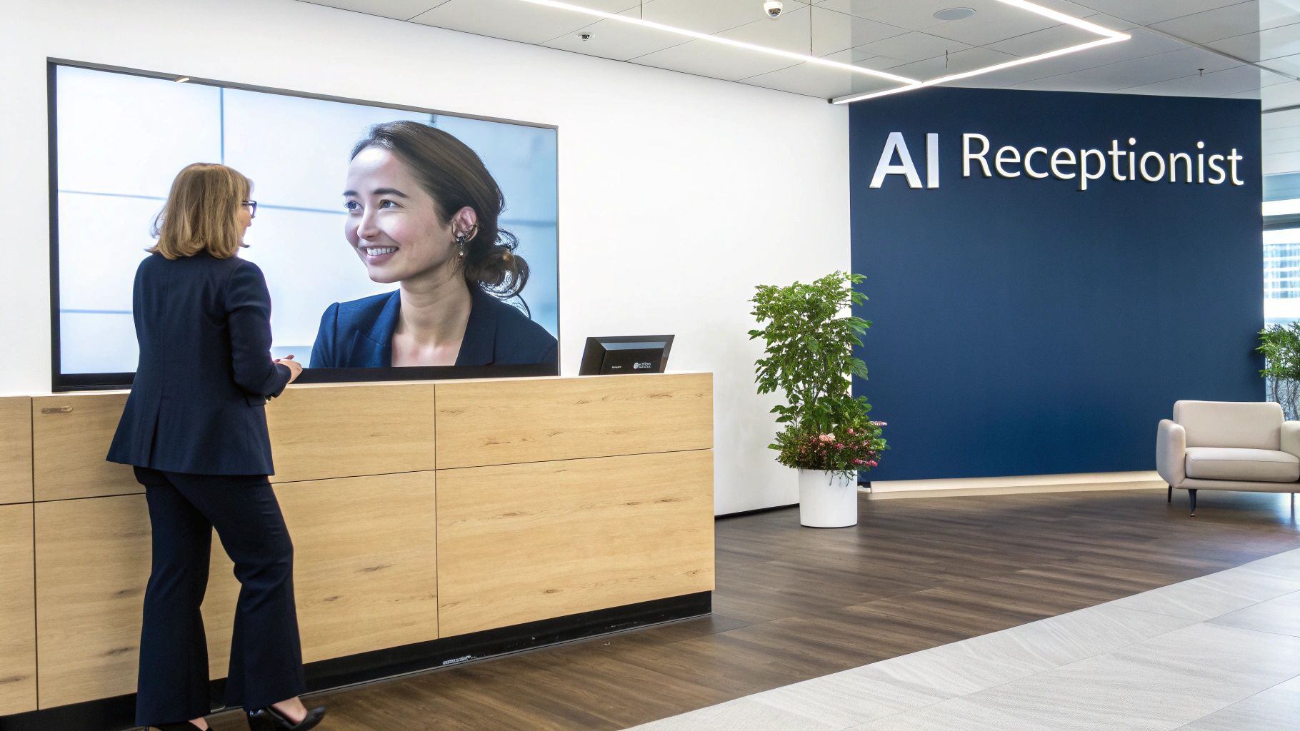 Professional woman approaching AI receptionist display screen at modern office reception desk