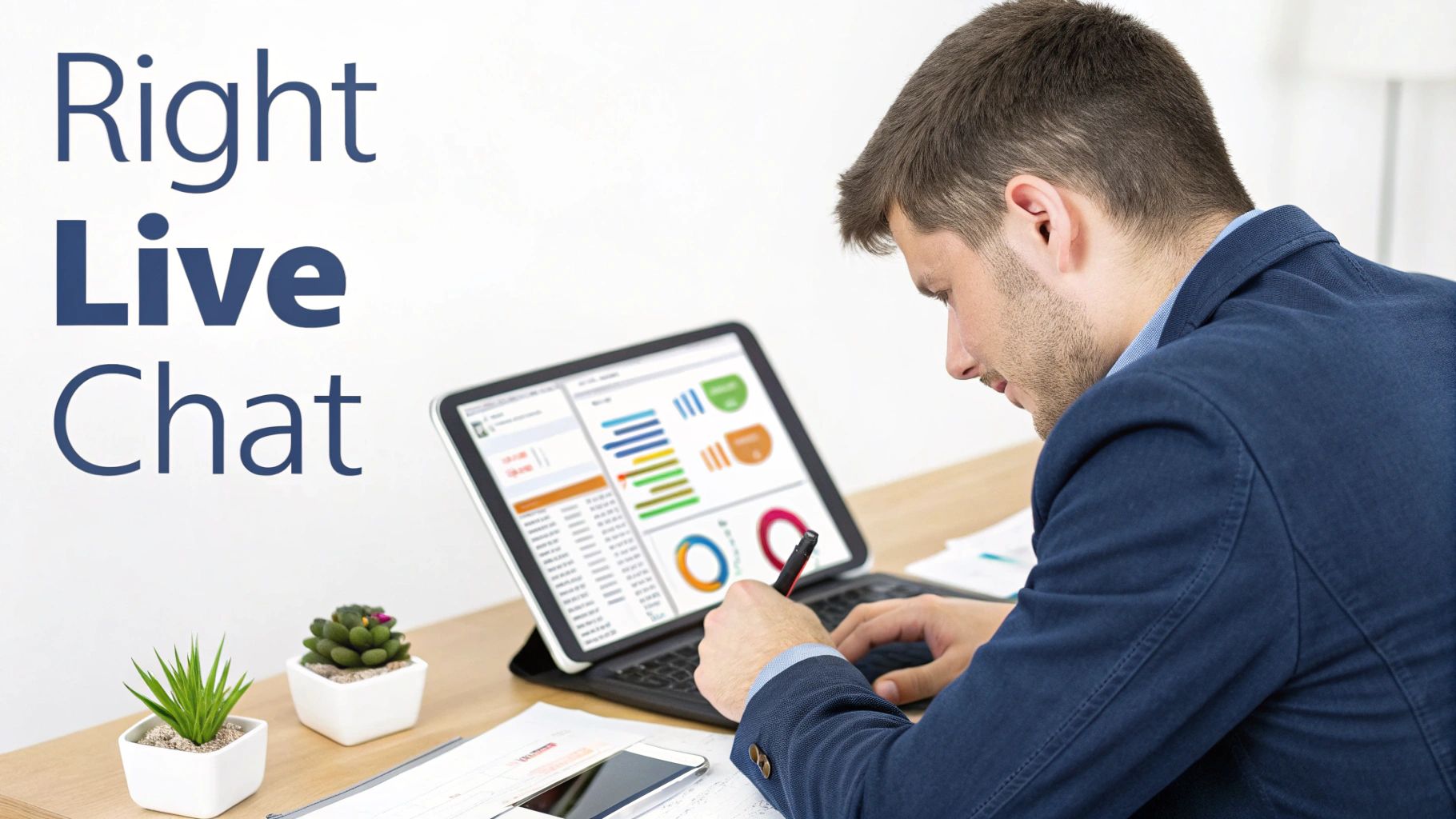 Man working on a tablet with business data, next to "Right Live Chat" text.