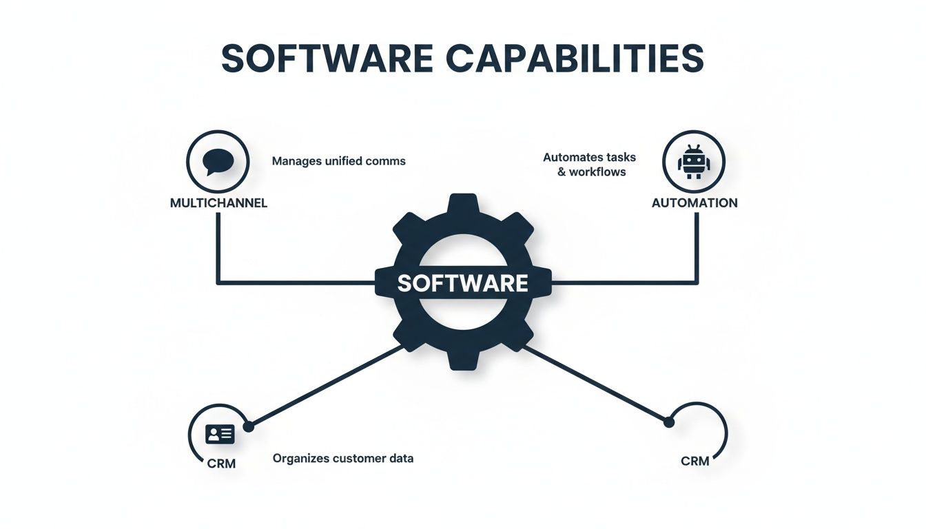 Diagram illustrating core software capabilities: multichannel communications, automation, and customer data management (CRM).