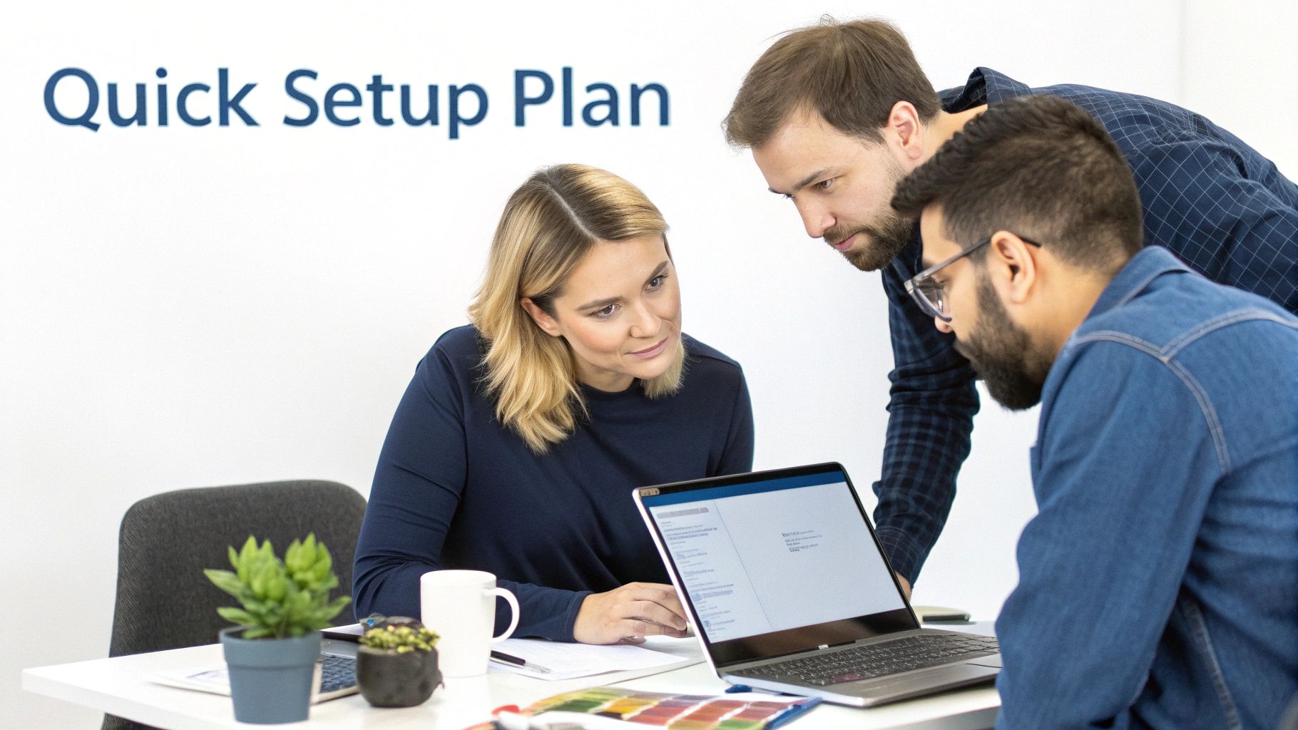 Three diverse colleagues collaborate around a laptop, reviewing a 'Quick Setup Plan' in an office.