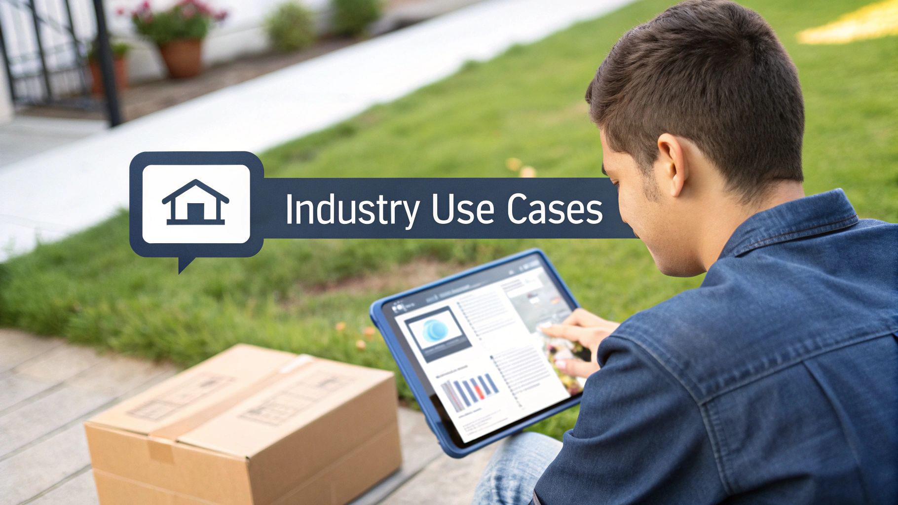 A person reviews "Industry Use Cases" on a tablet outdoors, with a package nearby, indicating business applications.