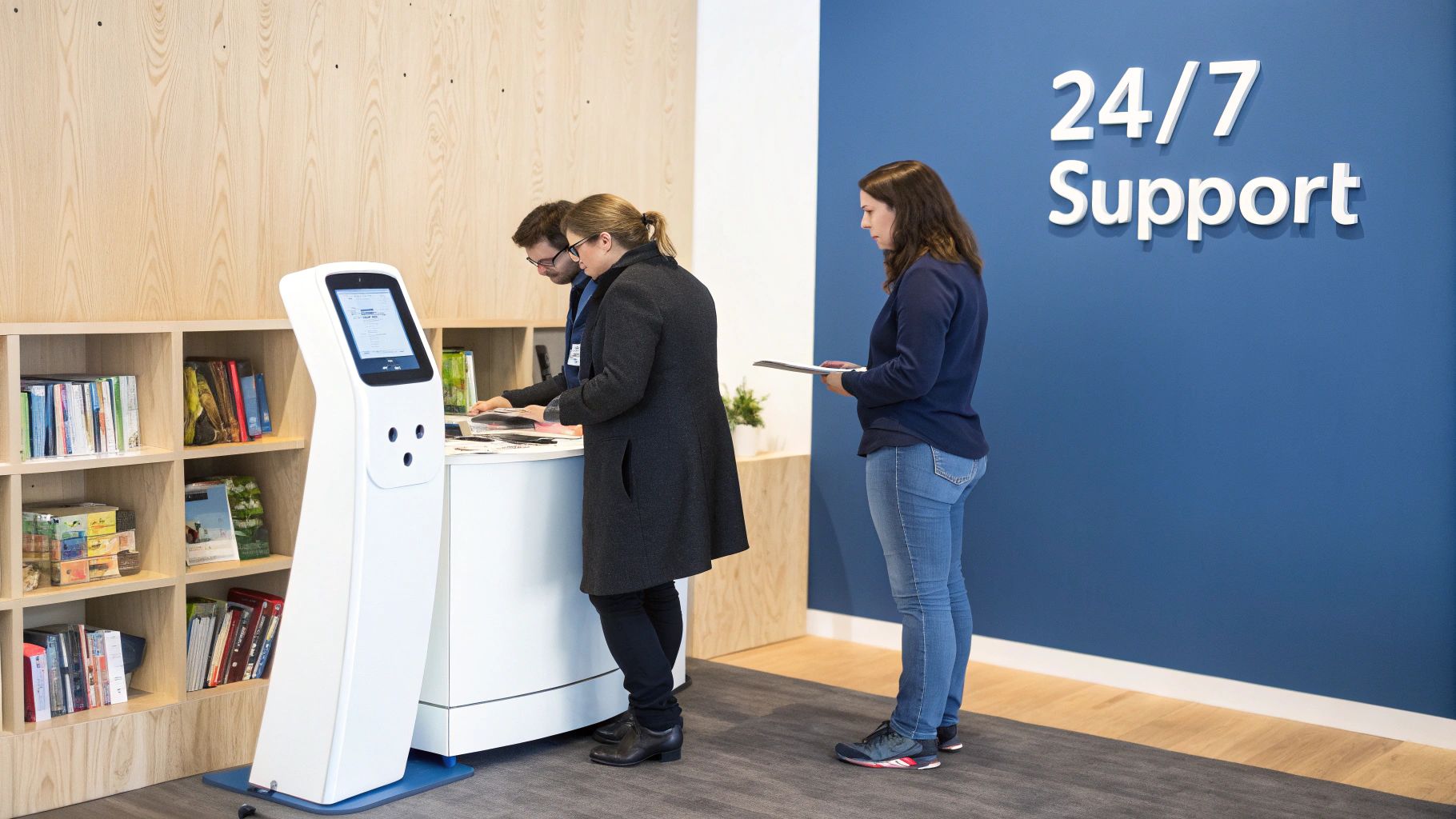Two employees using self-service kiosk while staff member provides customer support assistance