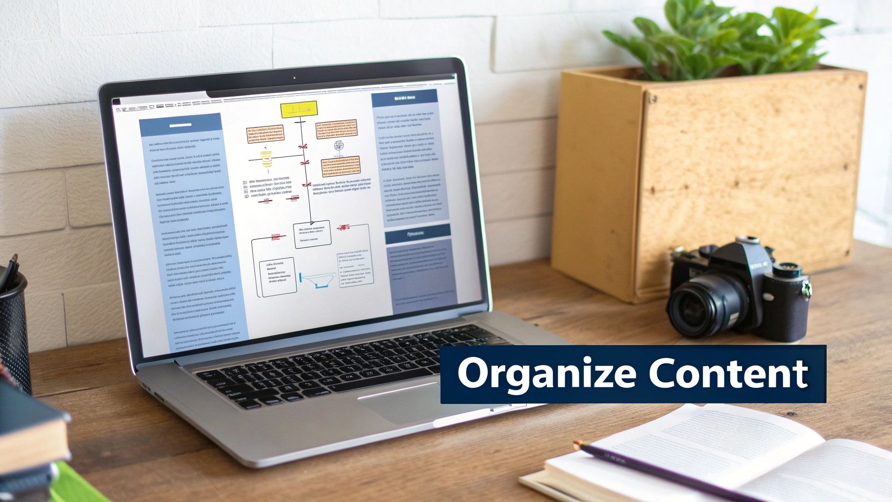 Laptop on a wooden desk displaying a diagram for content organization, with a camera and a plant nearby.