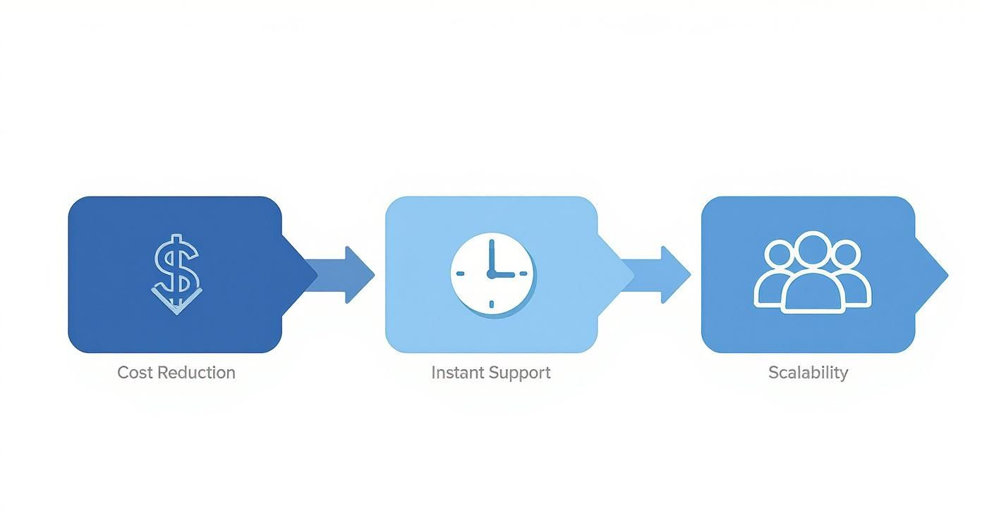 Three connected icons showing cost reduction, instant support, and scalability benefits of AI chatbot implementation