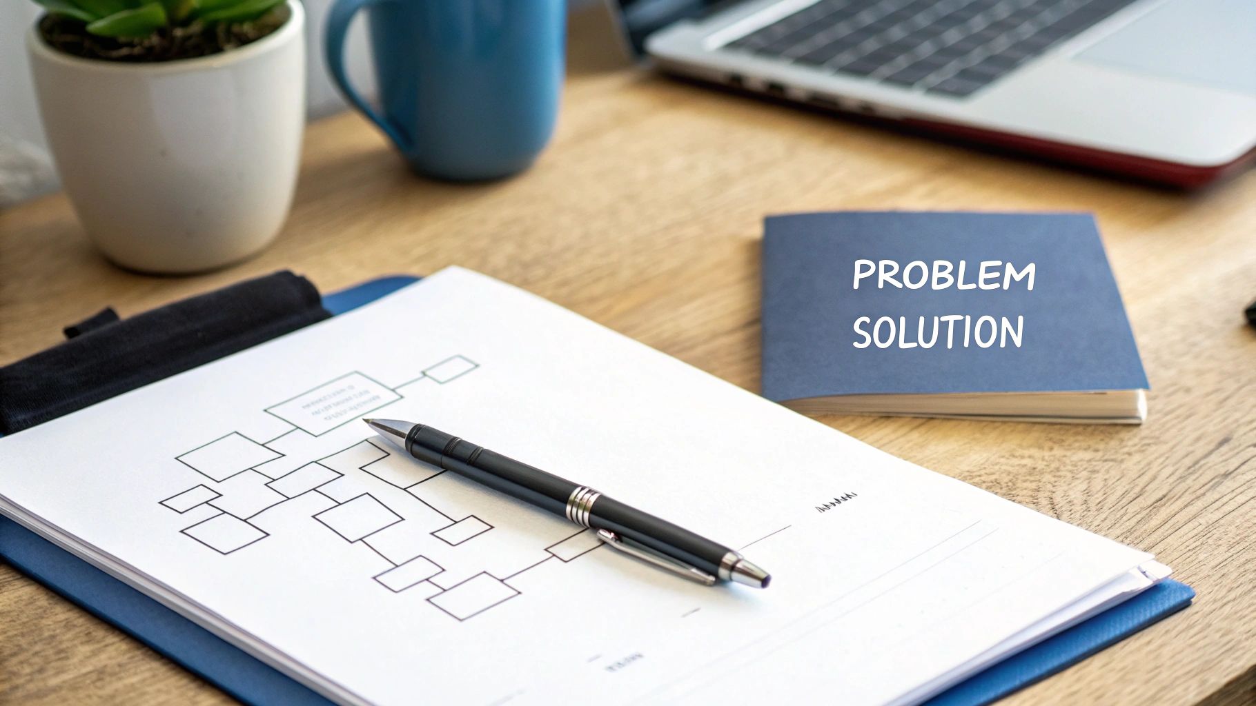 A desk with a 'PROBLEM SOLUTION' notebook, a flowchart, pen, plant, and laptop, suggesting business strategy.