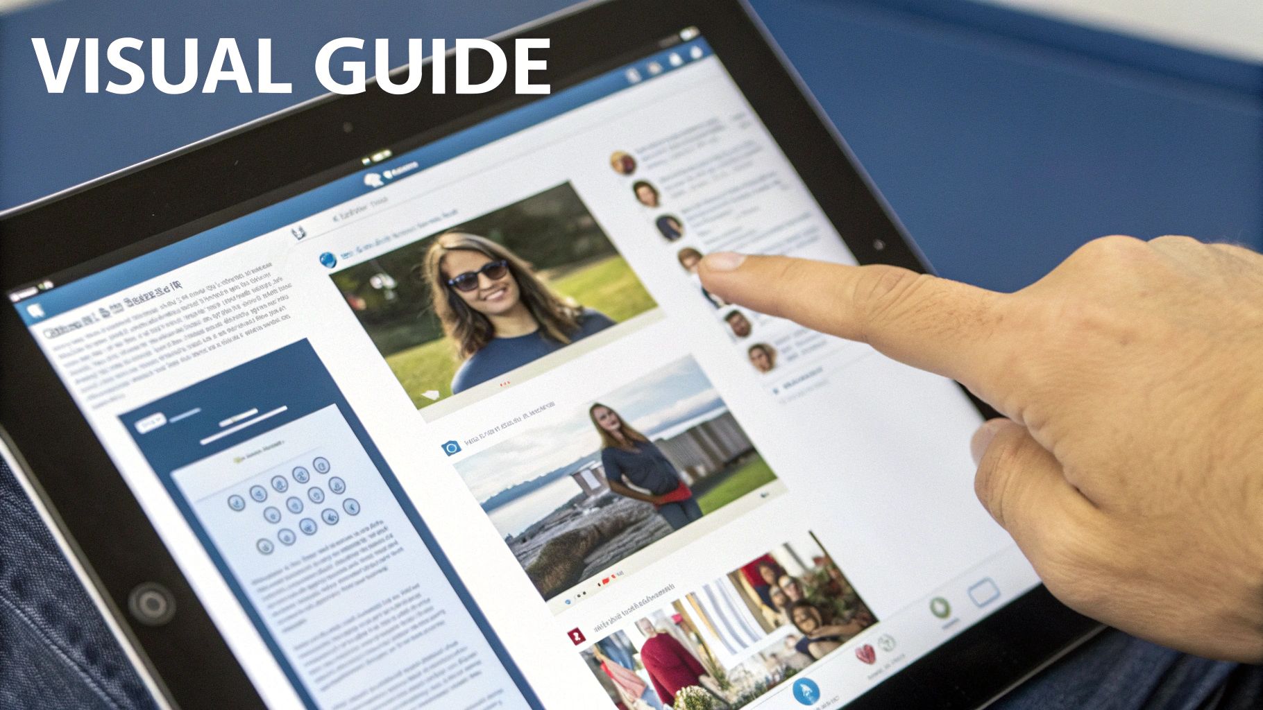 A hand interacts with a tablet displaying a visual guide with images and text content.