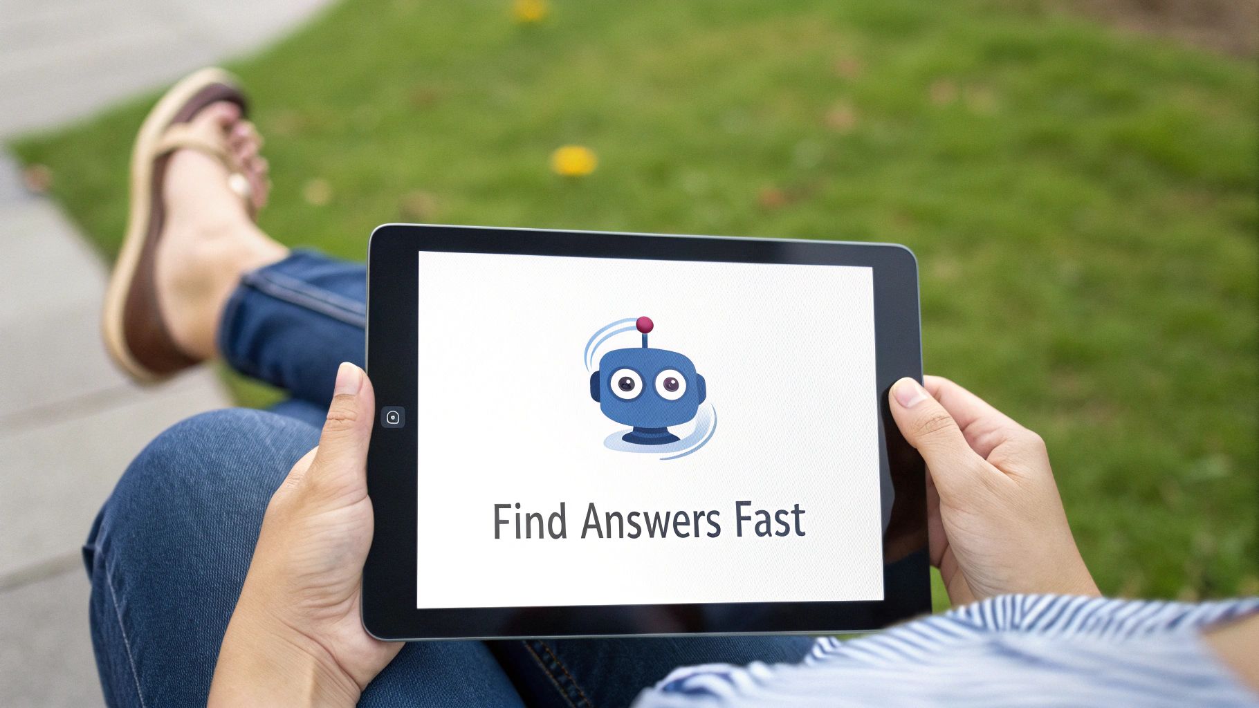 A person holds a tablet displaying a blue robot logo and 'Find Answers Fast' text, relaxing outdoors.