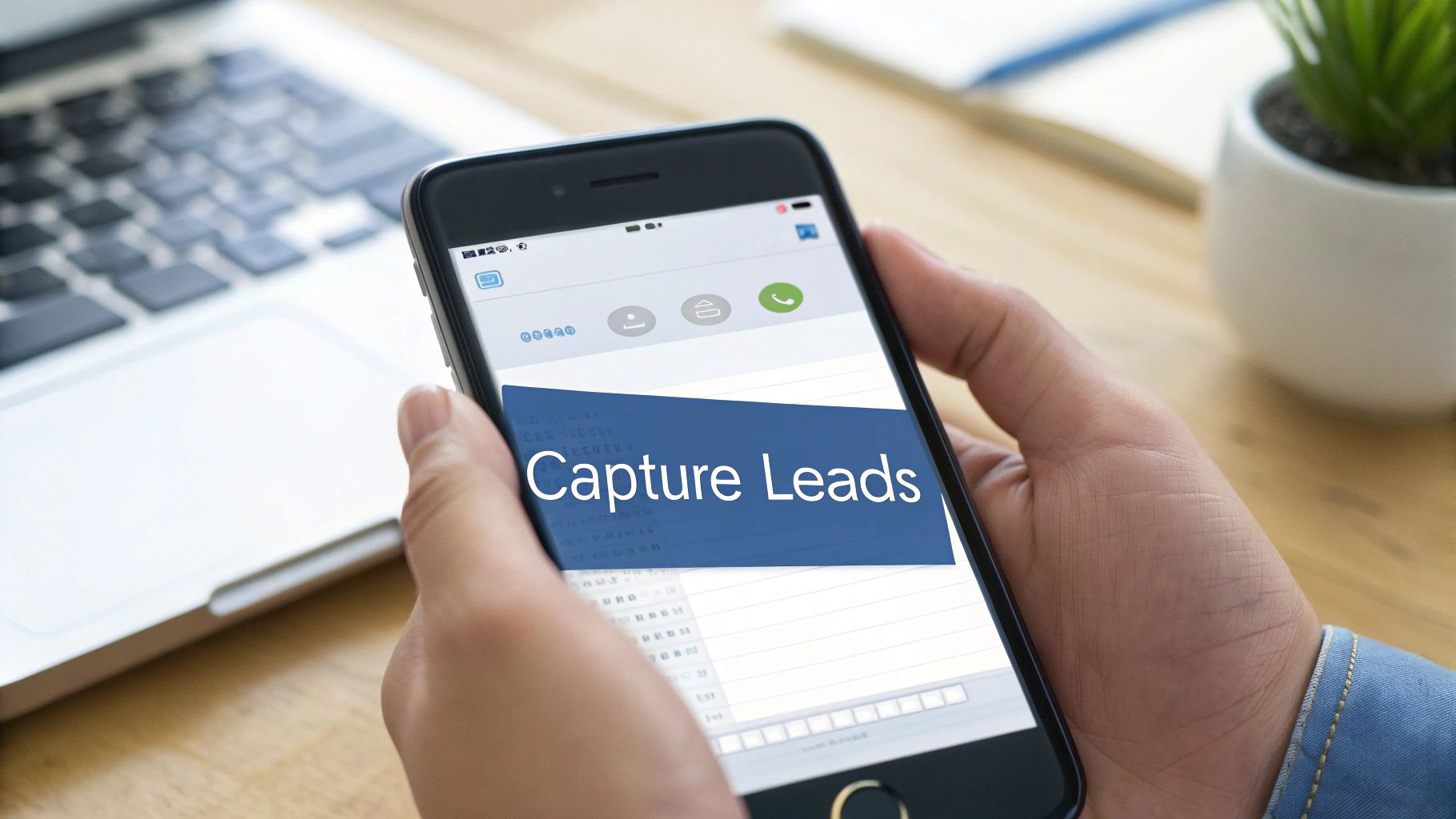 Close-up of hands holding a smartphone displaying 'Capture Leads' on the screen, with a laptop in the background.