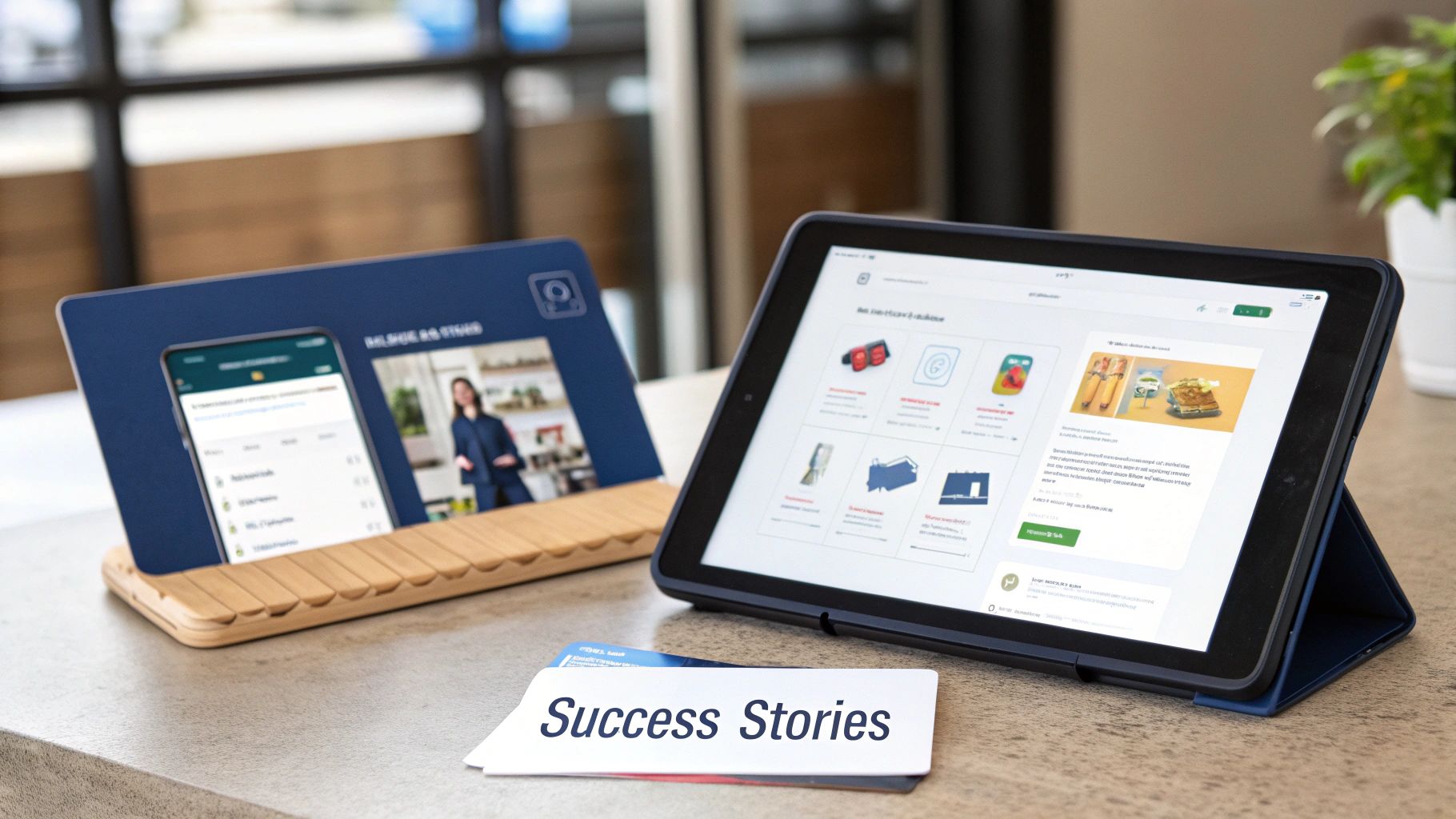 A person using a smartphone to interact with different chat bot marketing examples on the screen.