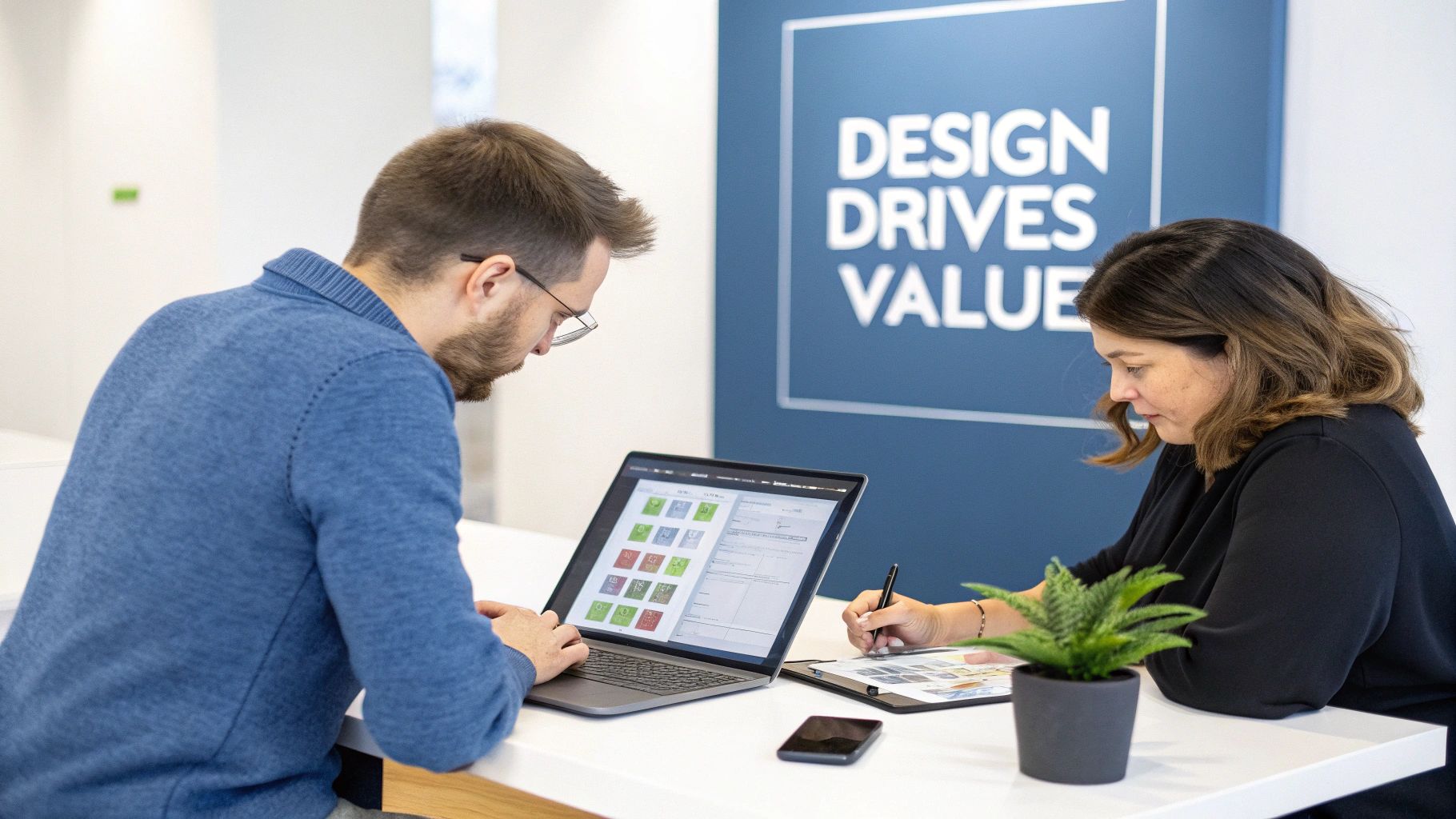 Two designers collaborate at a table, looking at a laptop interface and writing notes.
