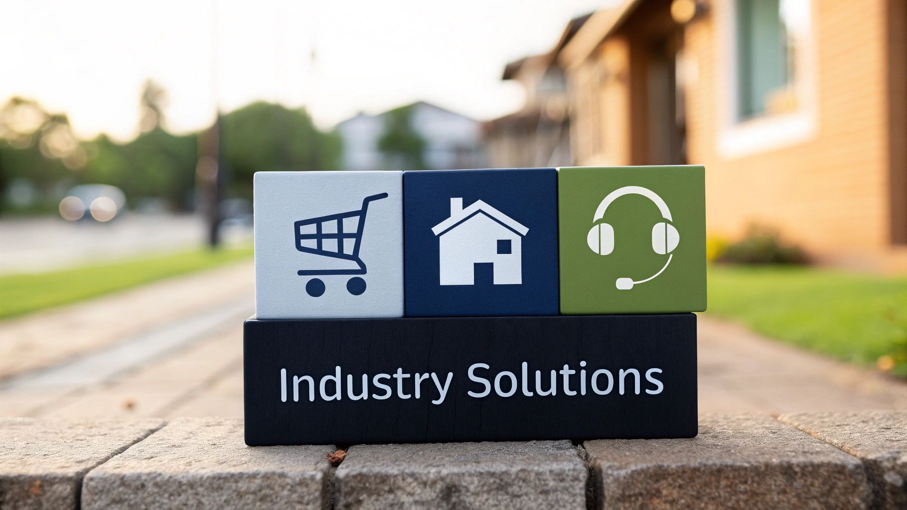 Industry solutions display with retail shopping cart, real estate house, and customer service headset icons