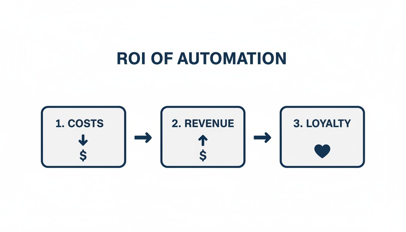 Diagram illustrating the ROI of automation, showing how it decreases costs, increases revenue, and boosts customer loyalty.